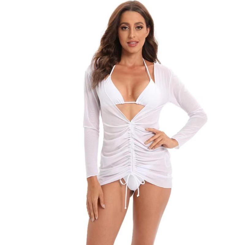 New Transparent Mesh Digital Three-piece Printed Sunscreen Beach Bikini Swimsuit