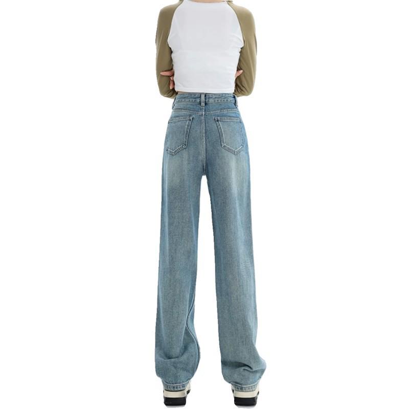 Women's Spring Fashion Light Blue Fleece-Lined High-Waisted Wide-Leg Jeans - Slimming, Loose, Straight-Leg Pants