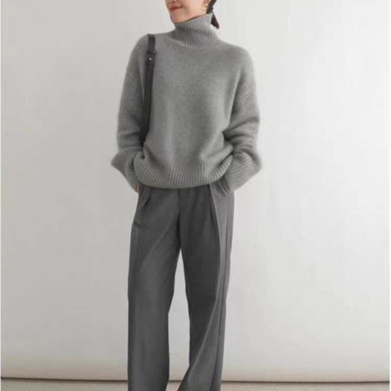 Autumn and Winter Thick Half High Collar Solid Women's Sweaters Elegant Vintage Loose Knitted Pullovers Sweater Ladies Casual Slim Base Jumpers 25560