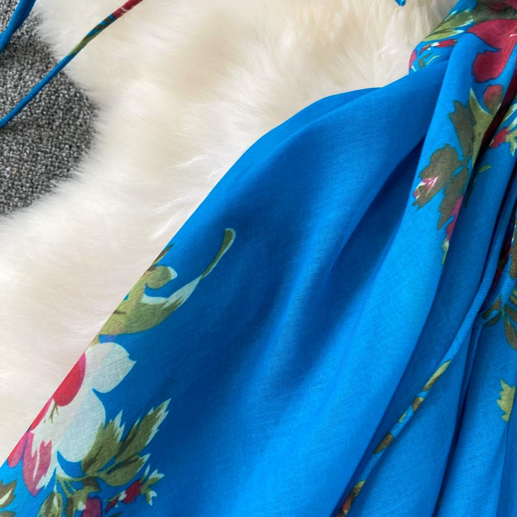 Summer Women Sexy V-neck Halter Open Back Print Long Maxi Holiday Beach Dresses