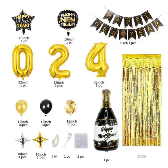 32 Inch 2024 New Year Balloons Set Letter Print Golden Starburst 2024 Number Balloons Party Decorations Set Party Supplies