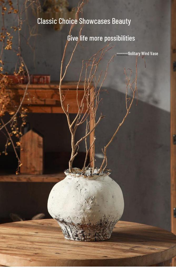 White Round Terracotta Vase - Retro Wabi-Sabi Decor for Dried Flowers in Living Room