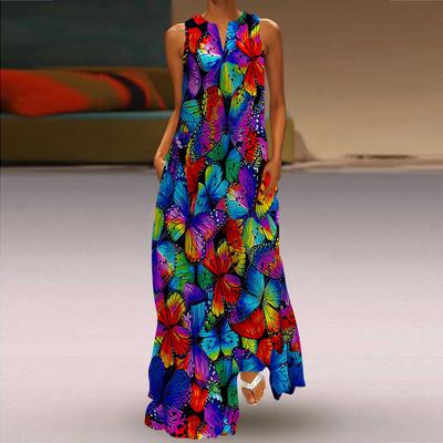 Women's A-line Dress Maxi Long Sleeveless Rainbow Butterfly Print Autumn and Winter V-neck with a Retro and Elegant Style