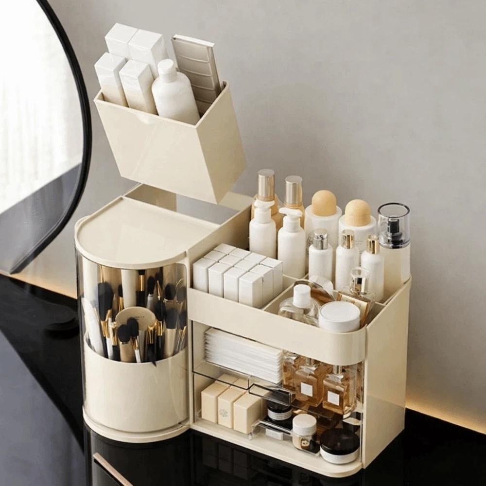 Plastic Cosmetic Storage Box Large Capacity Dust-proof Rotating Brush Holder Space Saving Detachable Skincare Display Cases
