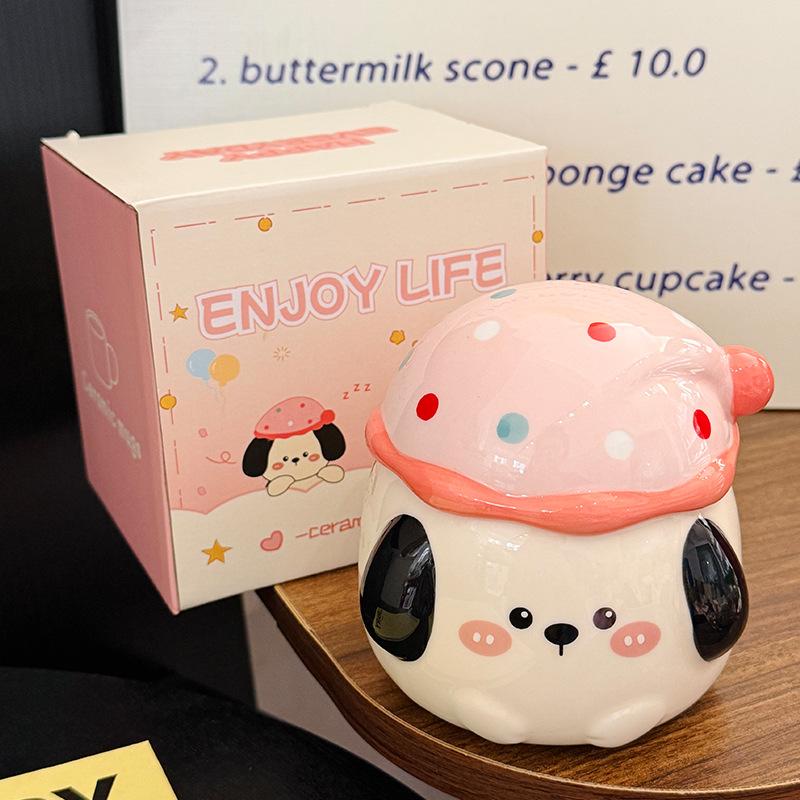 Cute Cartoon Polka Dot Puppy Mug With Lid Creative Household Ceramic Cup Breakfast Milk Oat Cup Souvenir 350ml