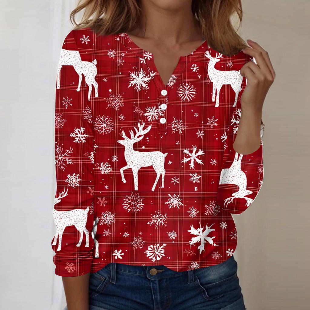 Women's Fashion Casual V-Neck Long Sleeve Decorative Button Christmas Print Top