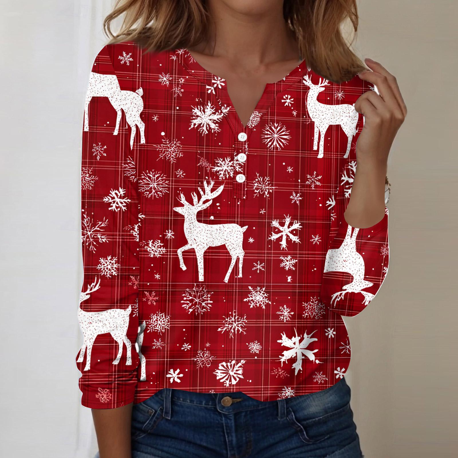 

Женская модная повседневная блузка с V-образным вырезом, длинным рукавом и декоративными пуговицами, с рождественским принтом S красный