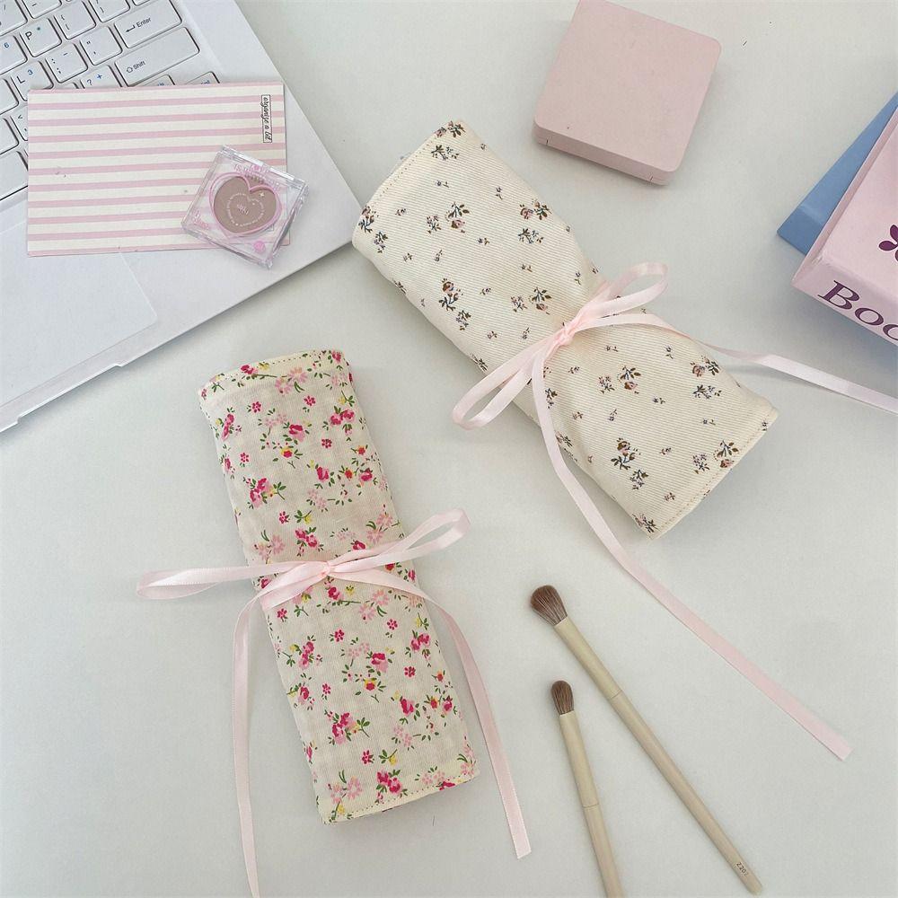 Convenient Makeup Brush Bag Floral Pattern Large Capacity Cosmetic Storage Bag Pink Beauty Tool Makeup Brush Organizer