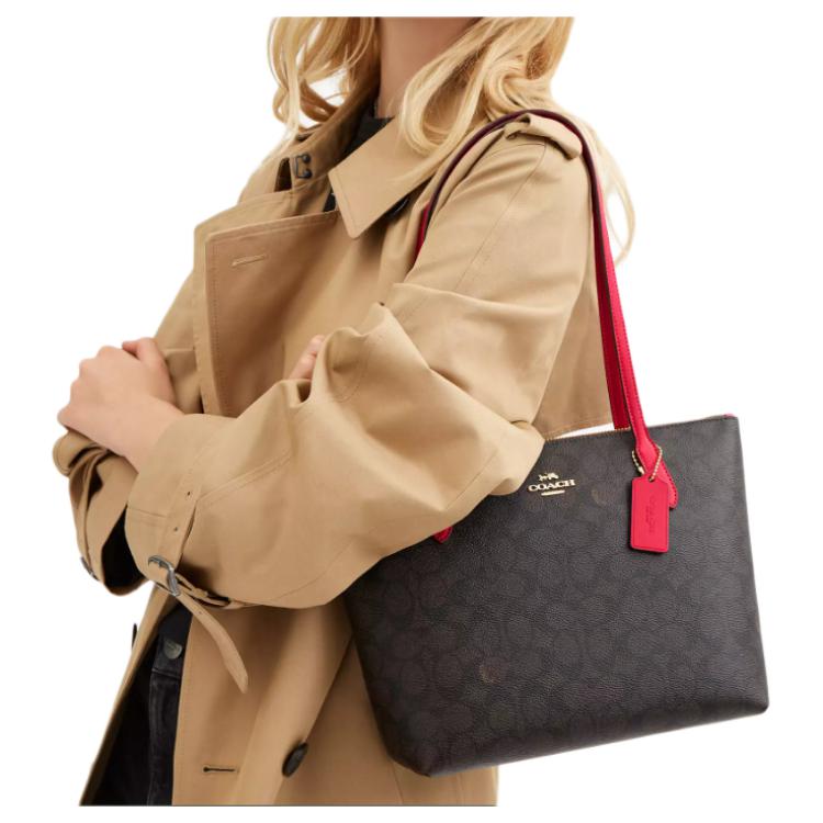 Coach 24 Brand Logo Zipper Closure Coated Canvas Tote Shopping Bag Shoulder Bag Medium Women tote Walnut CX611-IMXD0