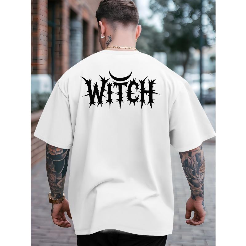 European Size Men'S Witch Graphic T-Shirt - Bright Yellow with Black Gothic Lettering - Loose-Fitting Breathable Summer Tee, Perfect for Halloween