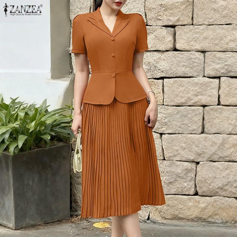 ZANZEA Women Short Sleeve Blouse and Pleated Skirts Casual Two Piece Suit Sets
