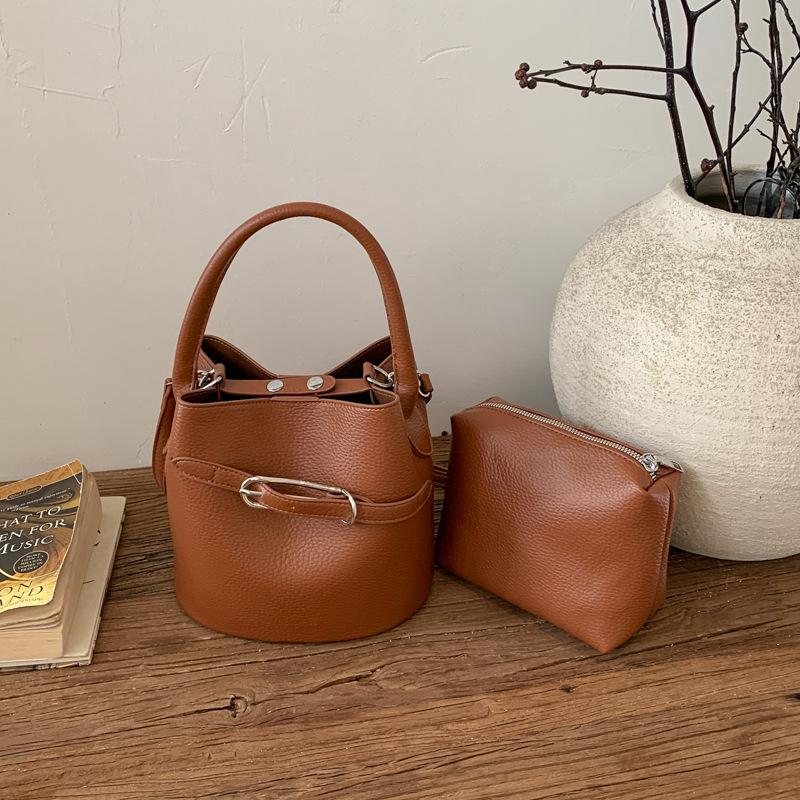 Litchi-pattern Handbag - Soft Leather Bucket Bag - Versatile Commuter Crossbody Bag