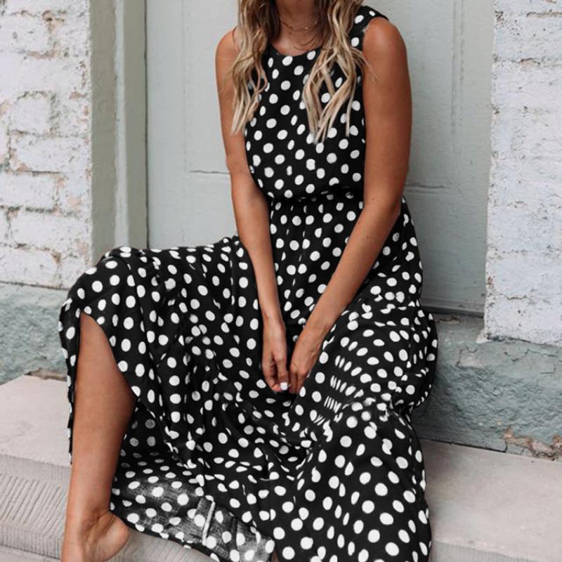 İlkbahar Yaz Modası Çok Yönlü Baskılı Polka Dot O-Yaka Uzun Kadın Elbiseleri