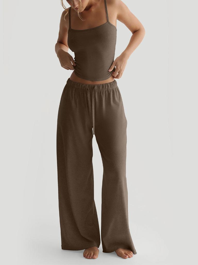 Summer Camisole Crop Top Long Pants Casual Wide Leg Pants Lazy Style Set For Women