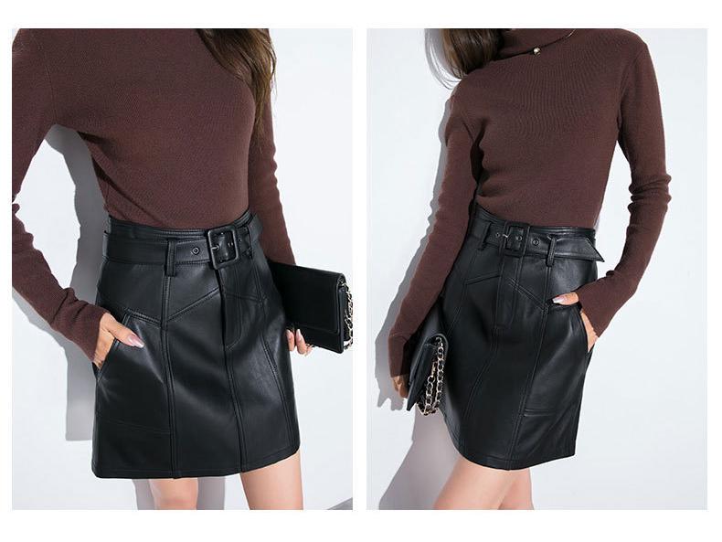 2025 Autumn/Winter Women's Genuine Lambskin A-line High-Waisted Slimming Midi Skirt