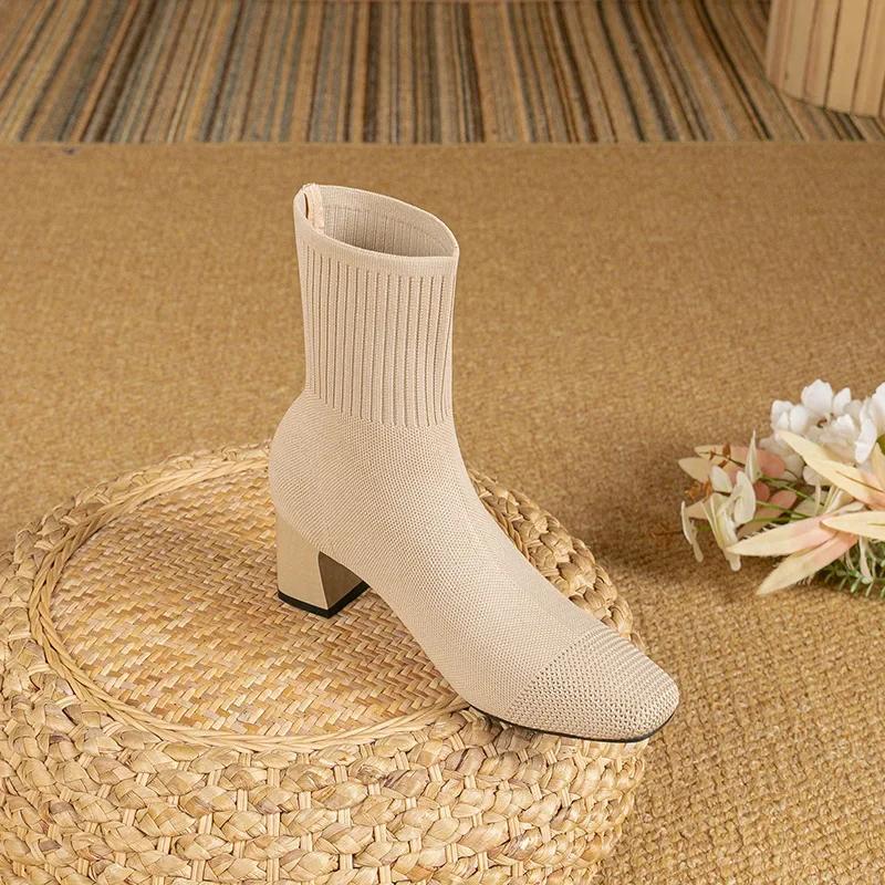 Herbst Winter Stiefel für Damen Stiefeletten 8CM Blockabsatz Strick Sockenstiefel mit Schwarz Neue Herbst- und Winter-Damenschuhe