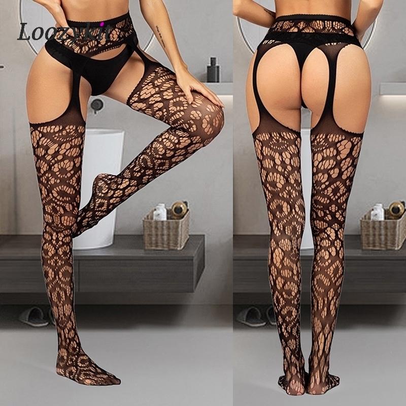 13styles Sexy Black Women Stockings With Belt Set High Fish Net Tights Erotic Lingerie Pantyhose Floral Long Mesh Lace Stocking