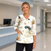 Womens Halloween Print V Neck Medical Scrub Top with Side Slits Three Quarter Sleeves and Front Pocket Nurse Uniform Shirt