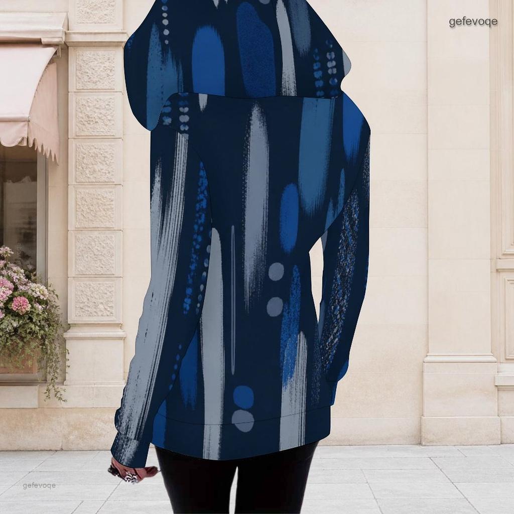 Women Plus Size Dark Blue Printed Long Sleeve Fitted Zip Up Hooded Shirt
