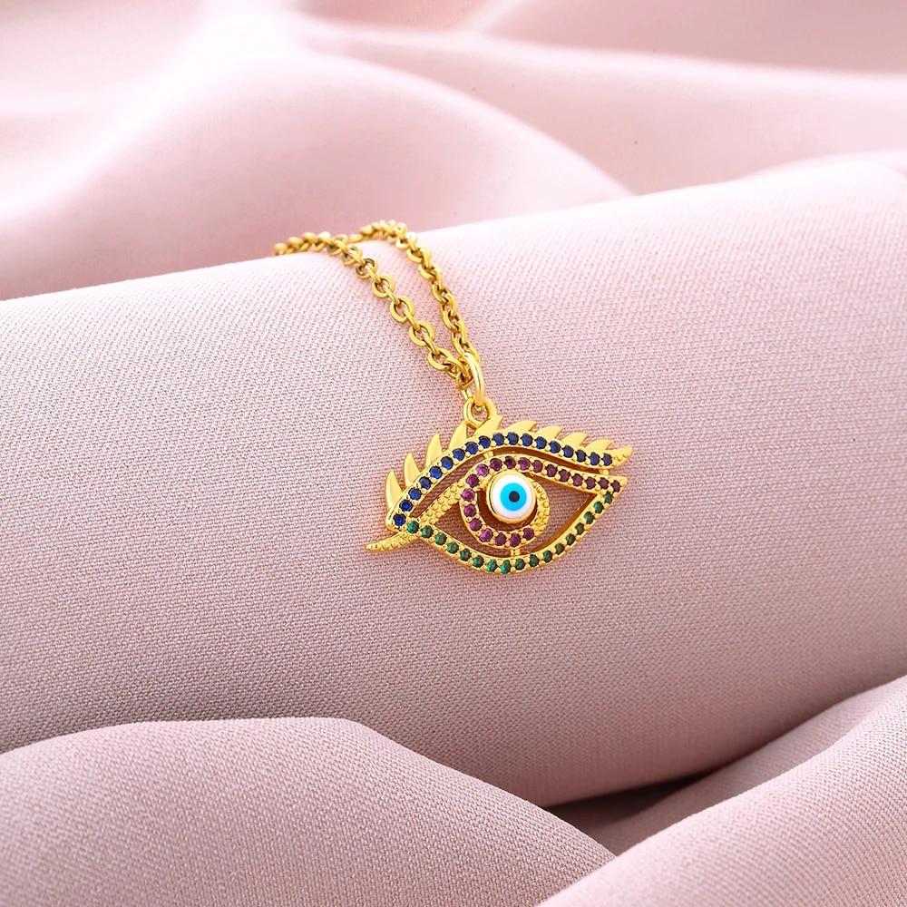 Collier en cuivre et Zircon incrusté pour femmes, émail turc, porte-bonheur, mauvais yeux, breloque féminine, chaîne en acier inoxydable, bijoux