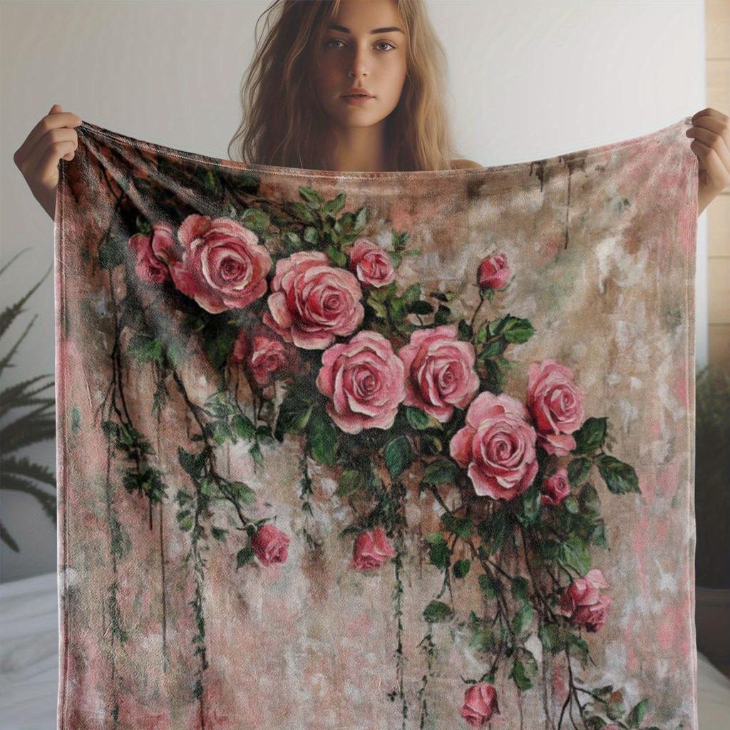Manta de sofá floral rosa vintage con rosas, manta suave y acogedora de franela, elegante decoración del hogar, regalo para sofá, cama