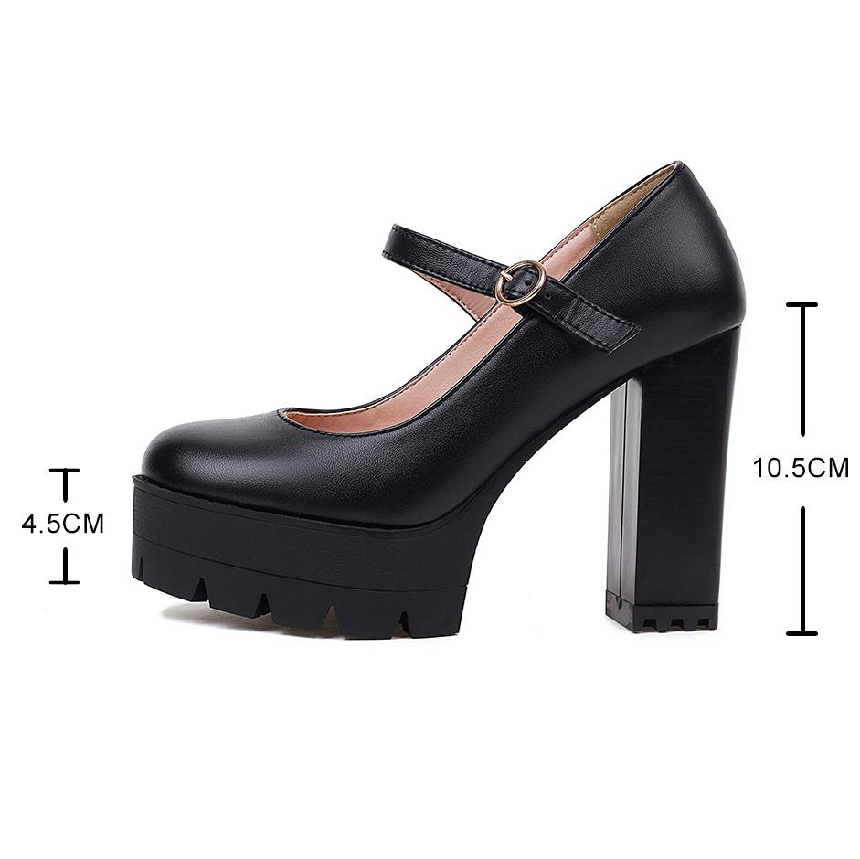 Fashion Spring Autumn Women Pumps Mary-Jane Platform Black Beige Chunky 10.5CM High Heels Ankle Strap Dress Party Hoof Heel Plus Size