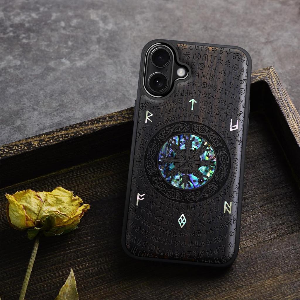 Carveit Magnetic Case for iPhone 16 Plus Case, Wood Artisan Engraved & Handmade Shell Inlaid, TPU Shockproof Cover, Compatible with MagSafe Wireless
