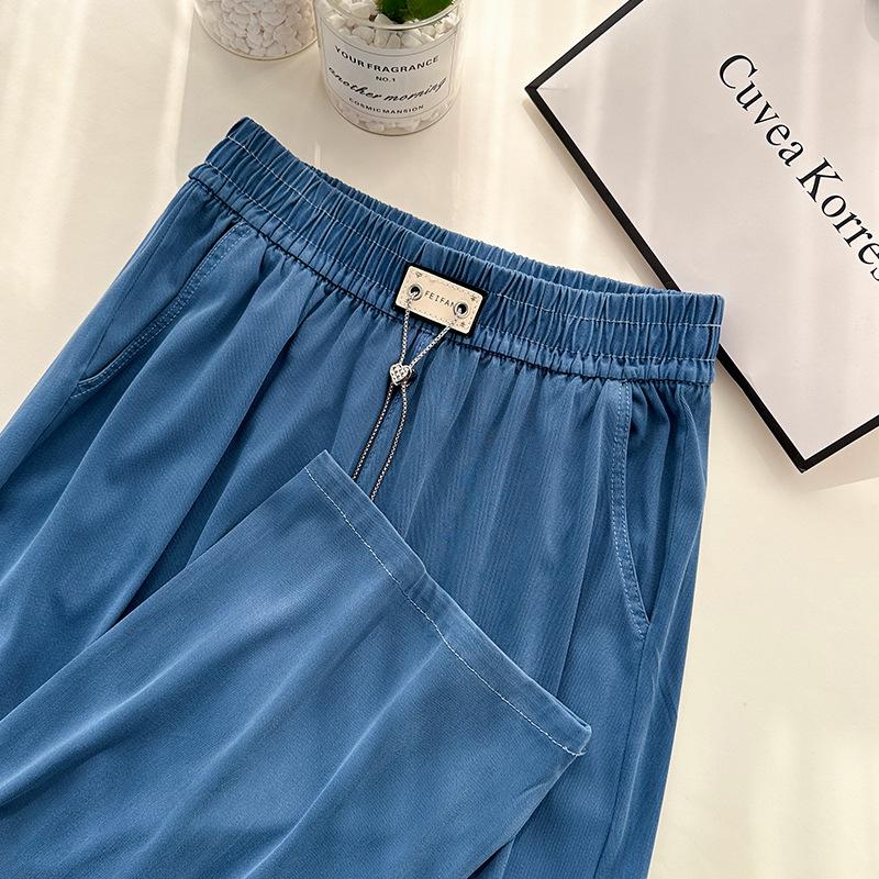

Lyocell Tencel Jeans Women s Summer Thin Casual Drape Narrow Version Straight Wide Leg Ice Silk Pants M темно-синий