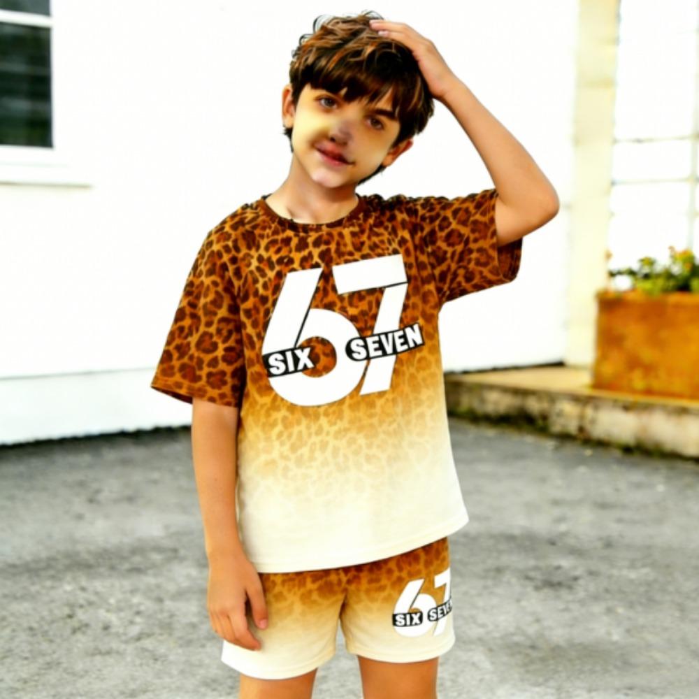 Fashion Leopard 67 Colorful Gradient Printed Kids T-shirt and Shorts 2 Piece Set Summer Casual Outfit for Boy's and Girl's Kids Clothing Top