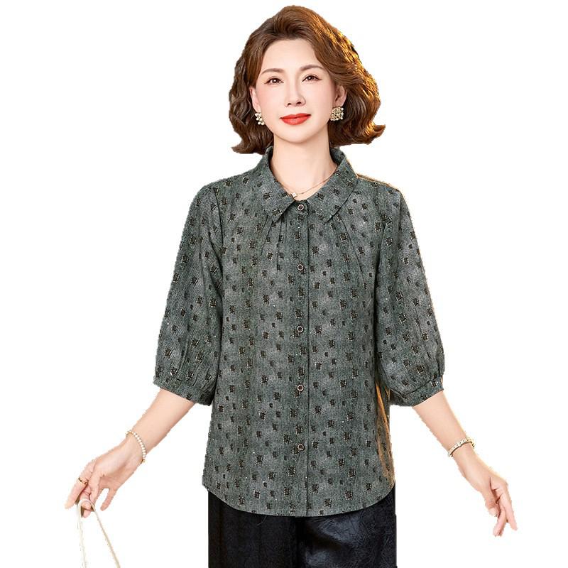 Floral Print Seven-Sleeve Loose Shirt for Stylish Middle-Aged Women