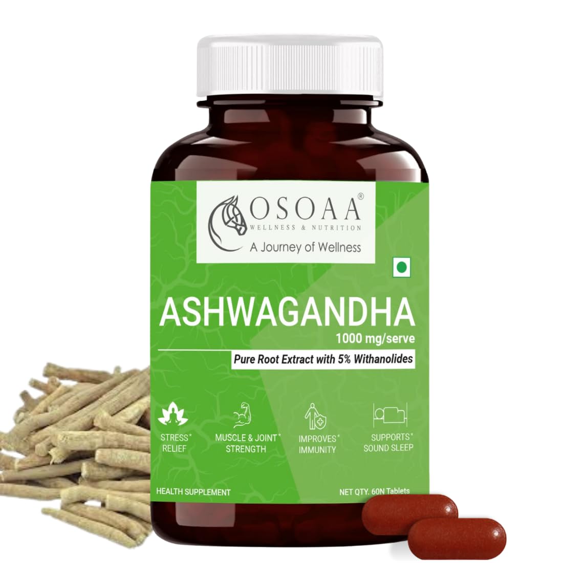 

Osoaa Ashwagandha 5% Withania Somnifera 1000mg Ayush Approved | 60 Tablets 100gm 0.2lbs