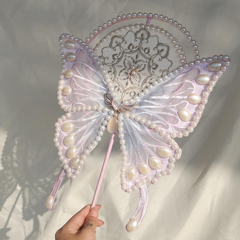 

Wedding Bride Hand Fans Ancient Long Handle Circle Hanfu Fan Lolita Lace Butterfly Fan Props Desktop Ornaments Option 1