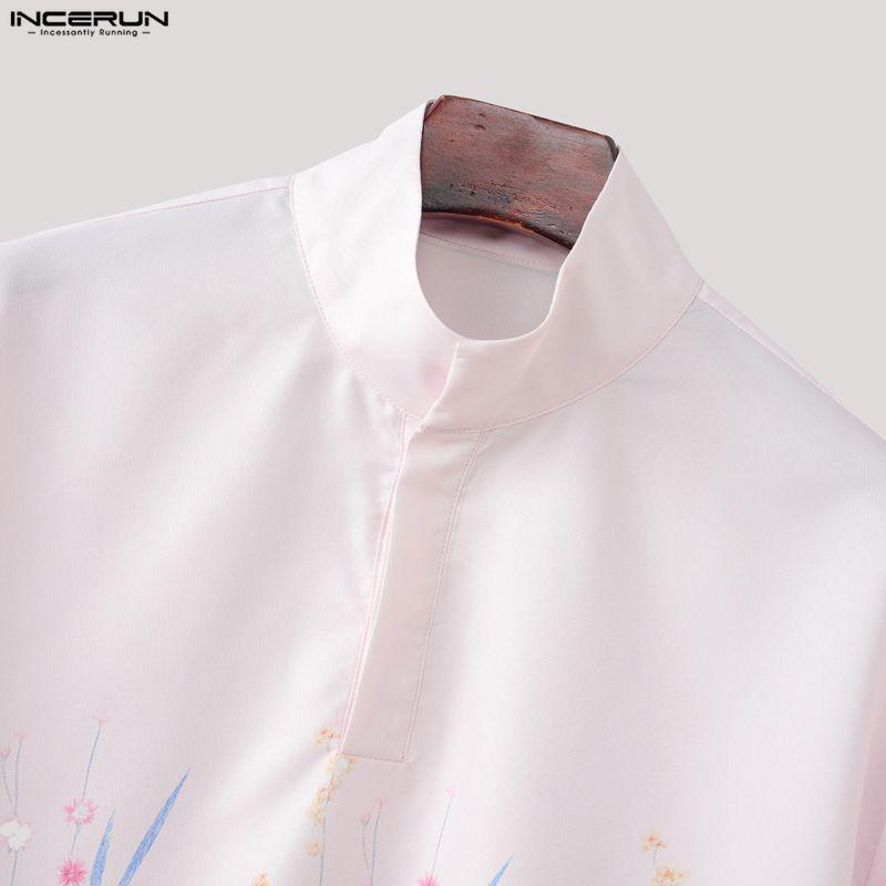 INCERUN Oversized Summer Men Lapel Neck 3/4 Sleeve Buttons Print Casual Shirts Tops