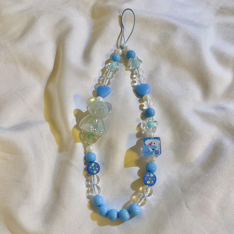 Bear Bead Phone Chain Cute Charms Keychain Wristband Strap Girl Woman Cellphone Flower Lanyard