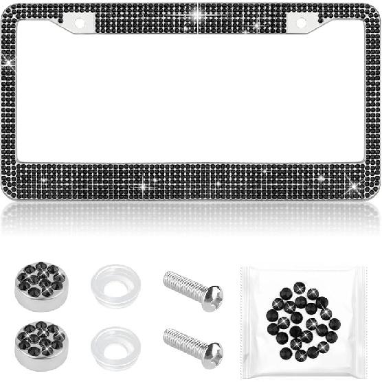 Bling Diamond License Plate Frame,Universal Stainless Steel License Plate Holder Fits U.S. Standard 2 Holes Model,Sparkle License Plate Frames Bling