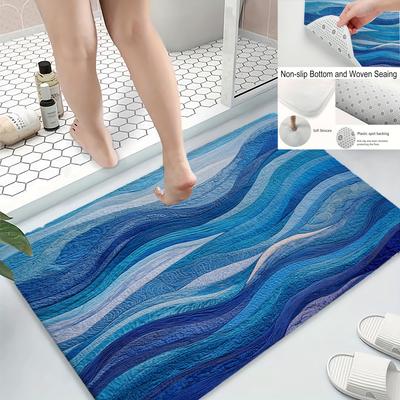 Reichblaue Badematte mit wellenförmigem Muster, maschinenwaschbarer rutschfester Teppich, ideal für Badezimmer, Küche, Eingangsbereich, perfektes Einzugsgeschenk