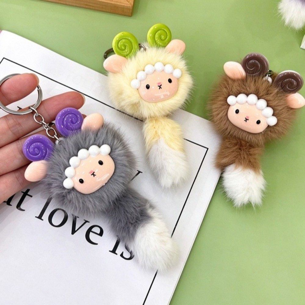 Soft Stuffed Lamb Pendant Long Tail Fluffy Animal Keyring Backpack Pendant Car Decoration