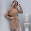 YYFS Women's Fashion Autumn Winter Solid Color Print Long Sleeve V-Neck Knitted Casual Dresses