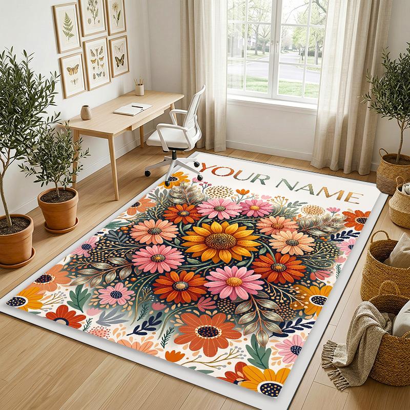 Floral Artwork Theme Soft Crystal Velvet Rug Custom Name & Text Print Non Slip Floor Rug for Bedroom Living Room