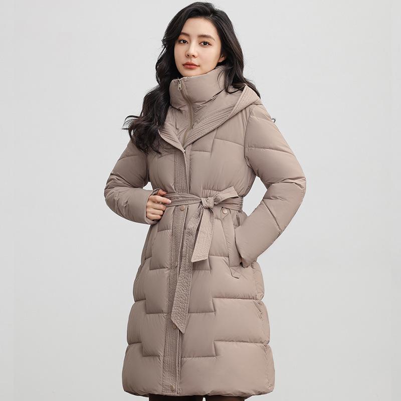 European Women's Over-the-Knee Down Cotton Jacket - Long, Waist-Cinched, Thickened Winter Outerwear.