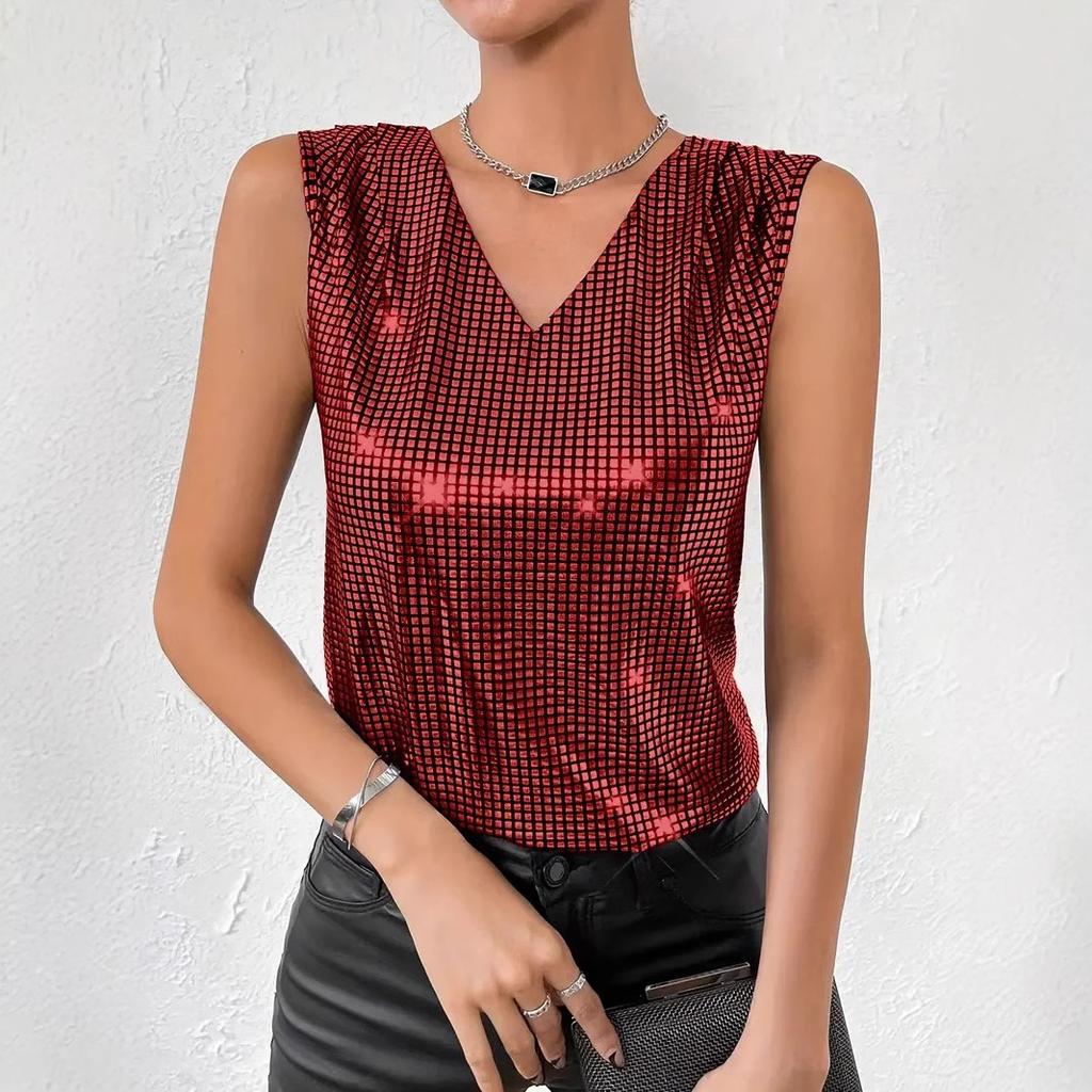 2026 Summer Women's Silver V-neck Plus Size Vest Sleeveless Slimming Plaid Top New Style
