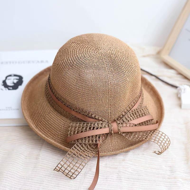 Retro elegant bow ribbon crimped basin hat dome top hat shading breathable fisherman straw hat women's summer