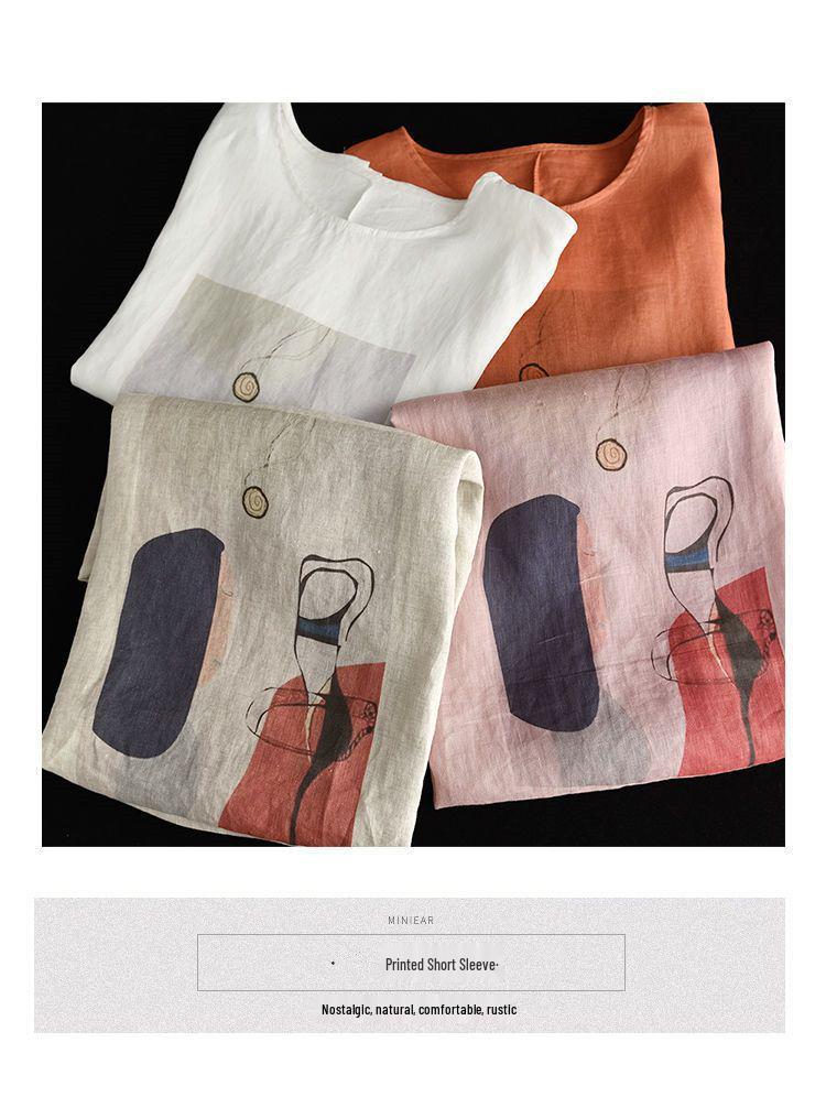 Women's Retro Print Cotton Linen Top - Short Sleeve, Loose Fit Pullover