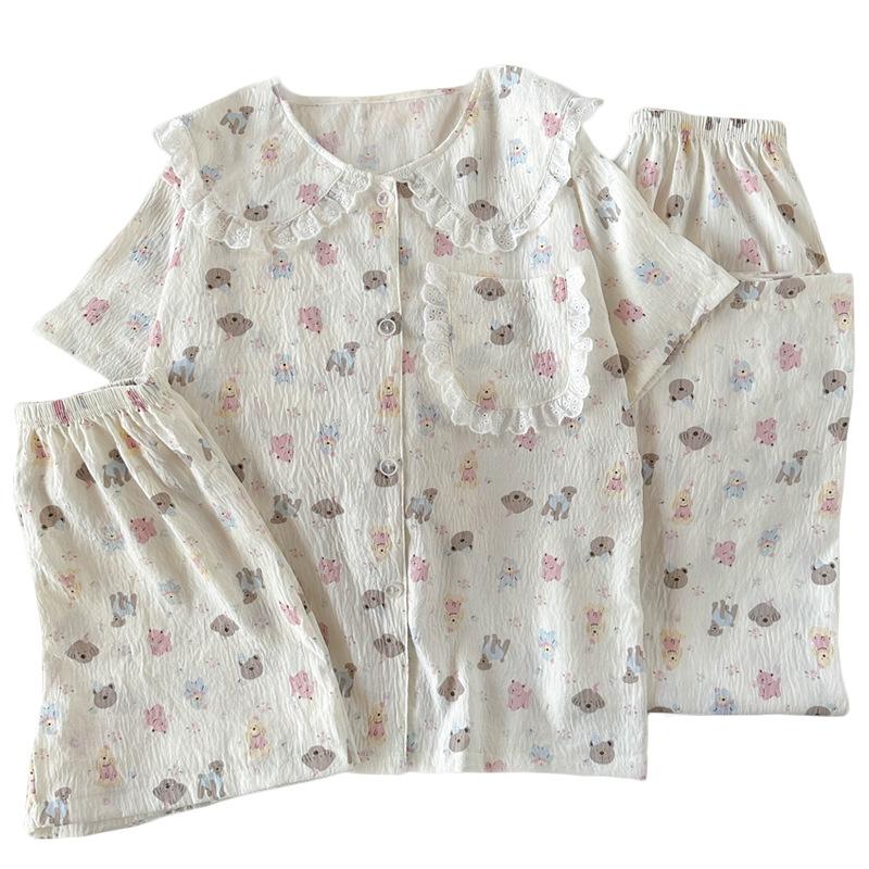 Doll Collar Cartoon Pajamas Women'S Summer Cloud Cotton Short Sleeves Cute Student Loungewear Three-Piece Set