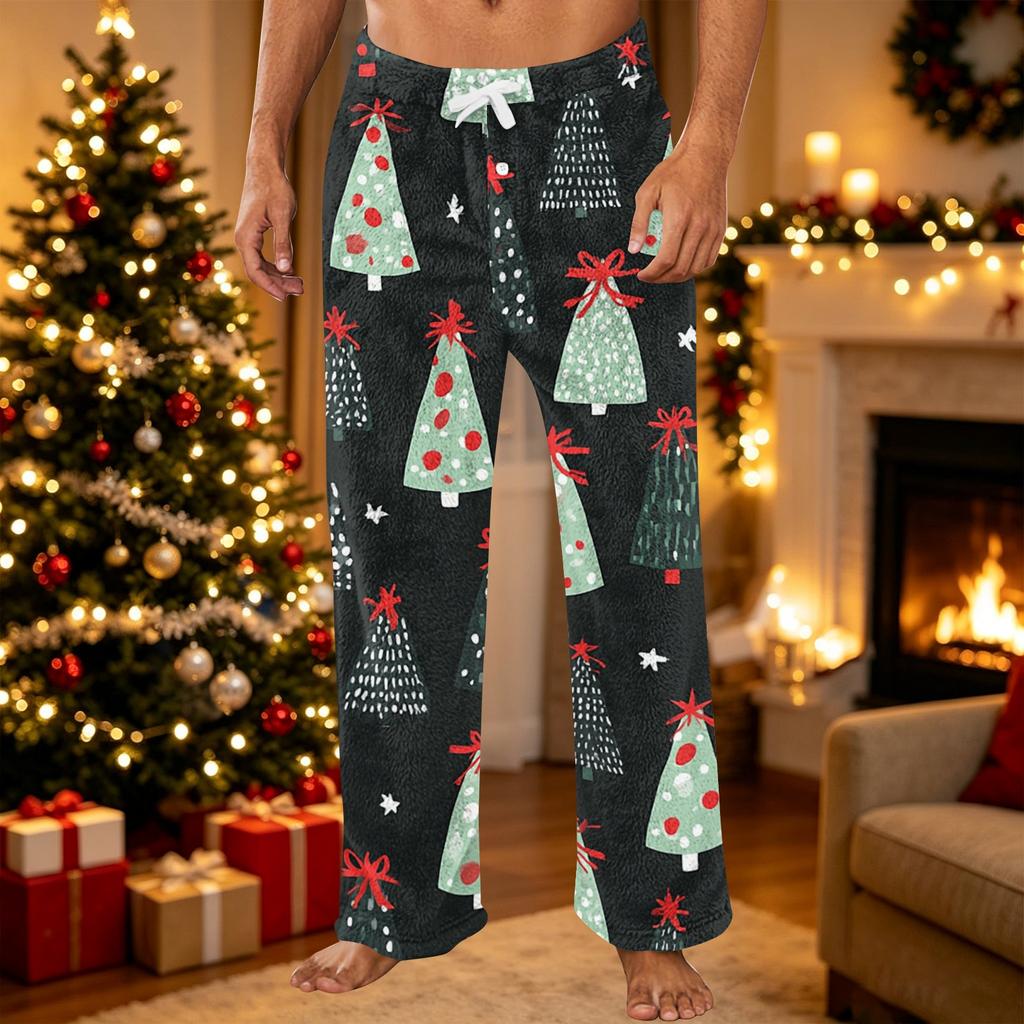 Pantalones de Pijama de Felpa con Estampado Navideño Casual para Hombre Ropa de Dormir para las Fiestas
