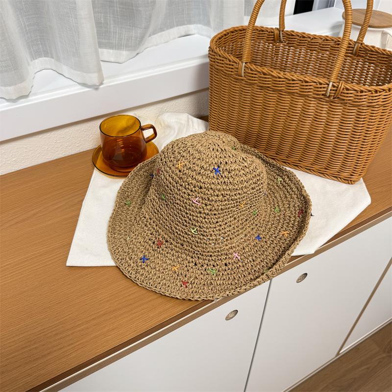 

Ladies Multicolored Hollow Woven Straw Hat With A Large Brim, Fashionable Seaside Beach Vacation Sun Protection Fisherman Hat