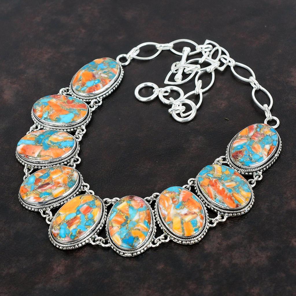 Spiny Oyster Copper Turquoise Gemstone Necklace 925 Sterling Silver Necklace Handmade Adjustable Chain Necklace Vintage Jewelry Gift For Mom