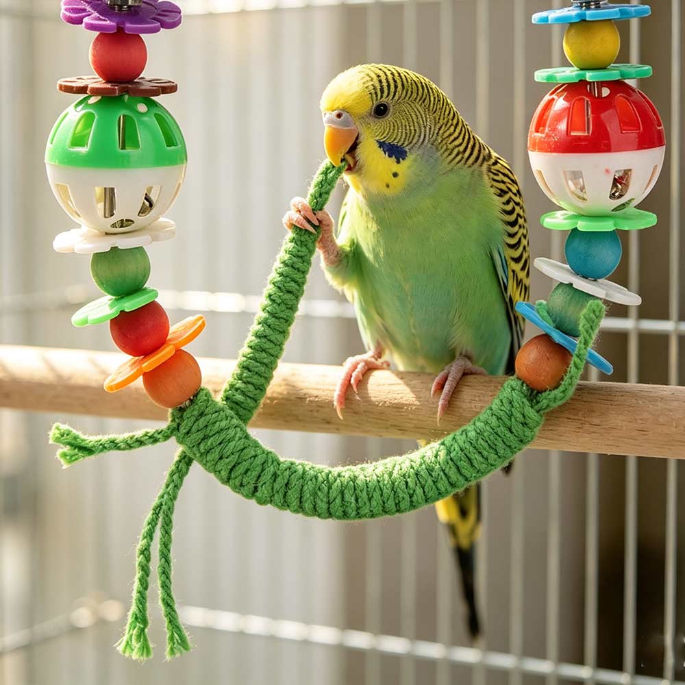Funny Bite Resistant Bird Perch Stand Colorful with Bell Bird Hanging Swing Plastic Wear Resistant Parrot Swing Cage Accessory