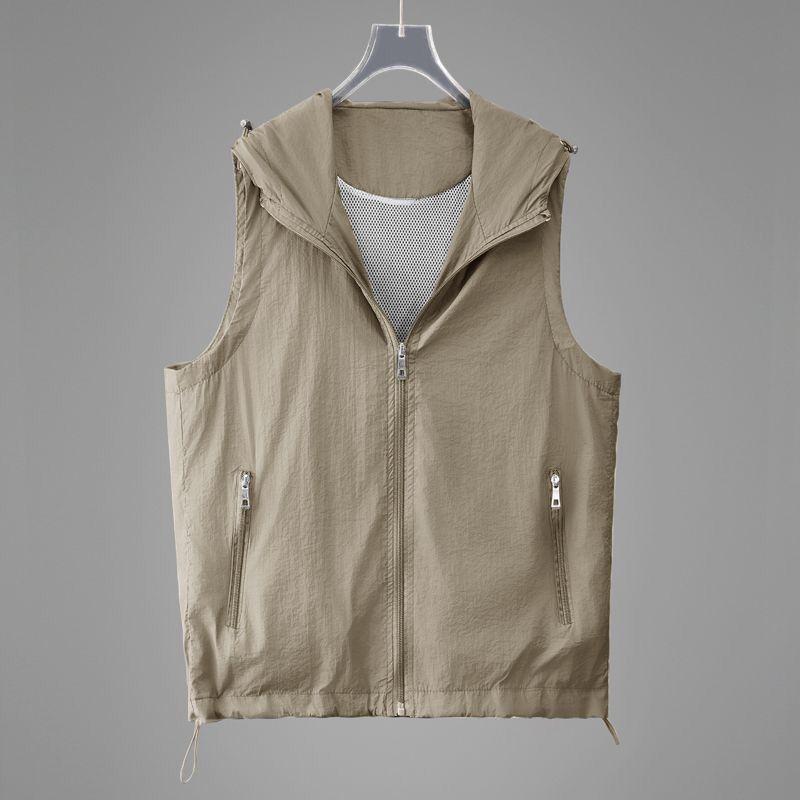 Sommer Sonnenschutzkleidung Atmungsaktive Weste Jacke Damen Lässig Dünn Mit Kapuze Ärmellos Reißverschluss Weste Damen Oberteile S khaki