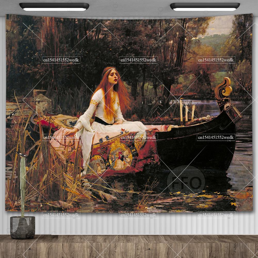 John William Waterhouse Artworks The Lady of Shalott Tapestry Wall Hanging Oil Paintings Home Decoration Aesthetic Tapestries